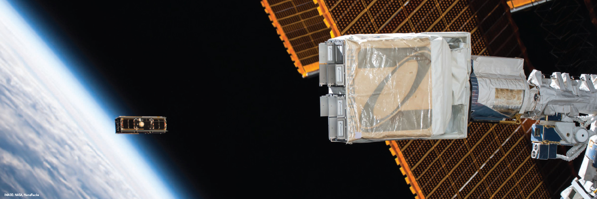 A CubeSat leaving NASA's Nanoracks Deployer
