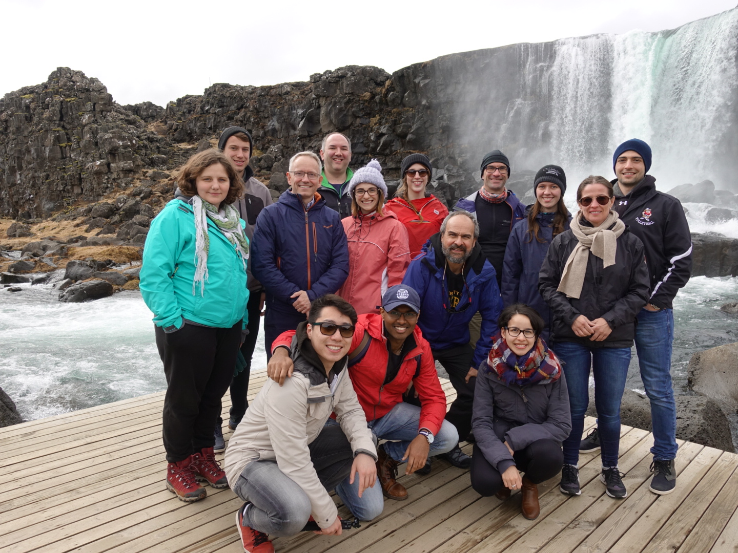 University of Alberta students and instructors are pictured with their Icelandic hosts in the rift valley at Thingvellir National Park, Iceland situated between the North American and Eurasian tectonic plates.