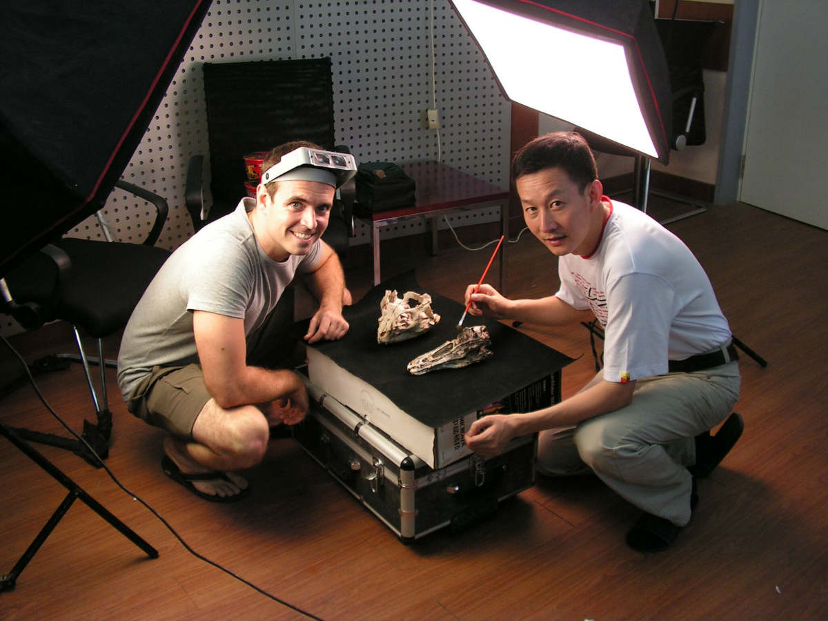 Co-lead authors Jonah Choiniere and Xu Xing work on an alvarezsaur skull