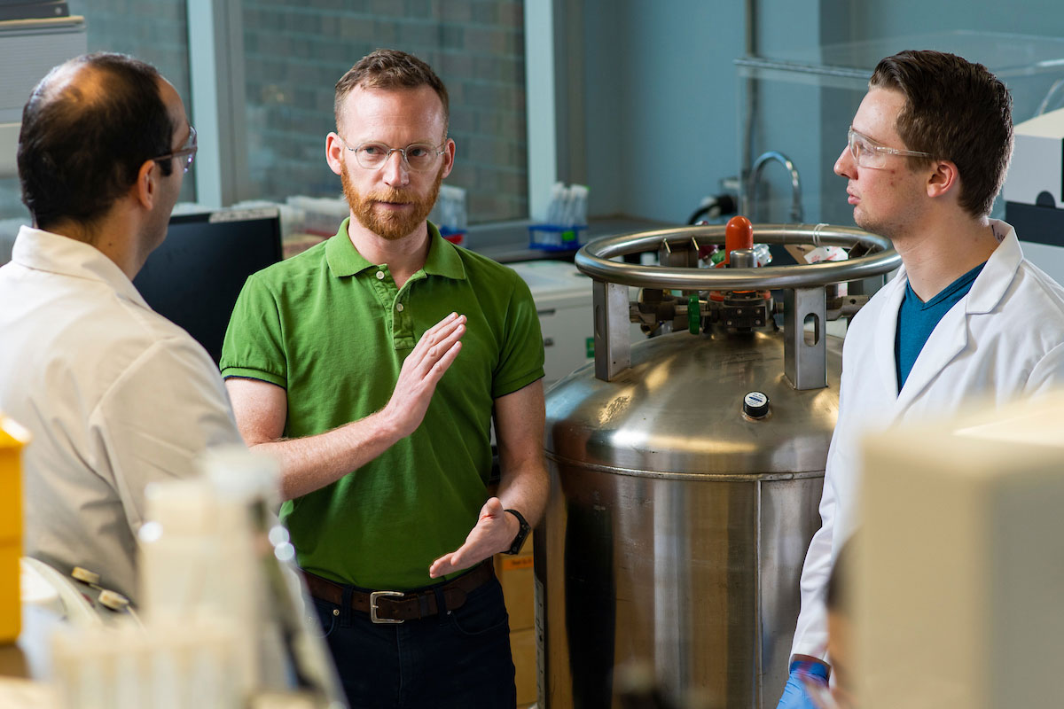 Daniel Alessi (centre), assistant professor in the Department of Earth and Atmospheric Sciences, is developing more efficient and greener technologies to get lithium