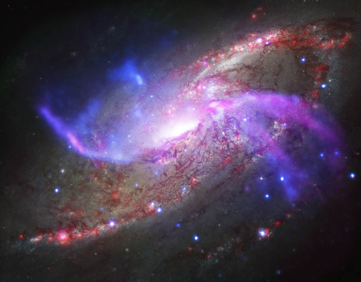 A composite view of spiral galaxy M106-with a black hole at the centre