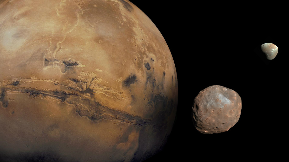 Mars and its moons, Phobos and Deimos