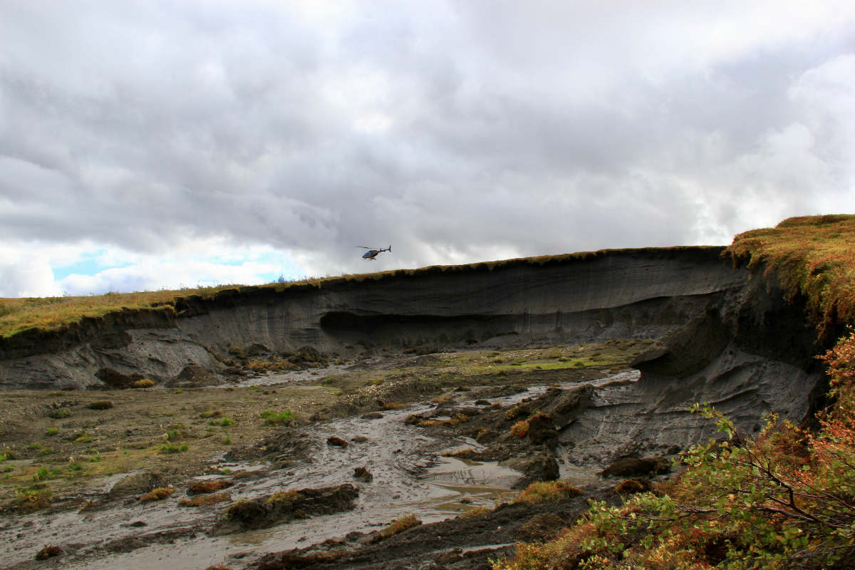 A permafrost thaw slump. Melting permafrost may release more carbon dioxide than previously thought.