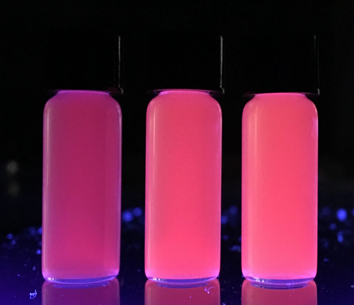 Silicon-based quantum dots, shown here in an enzyme-conjugated form under UV light.
