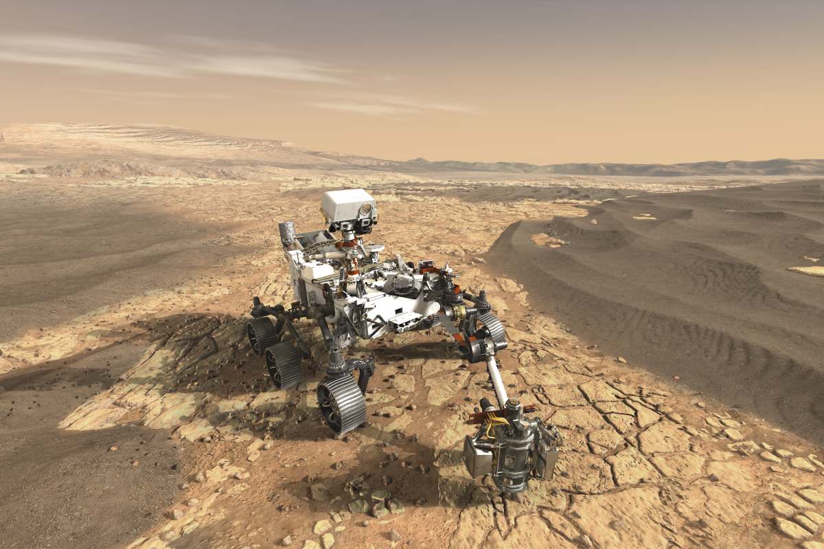 This artist's concept depicts NASA's Mars 2020 rover exploring Mars.