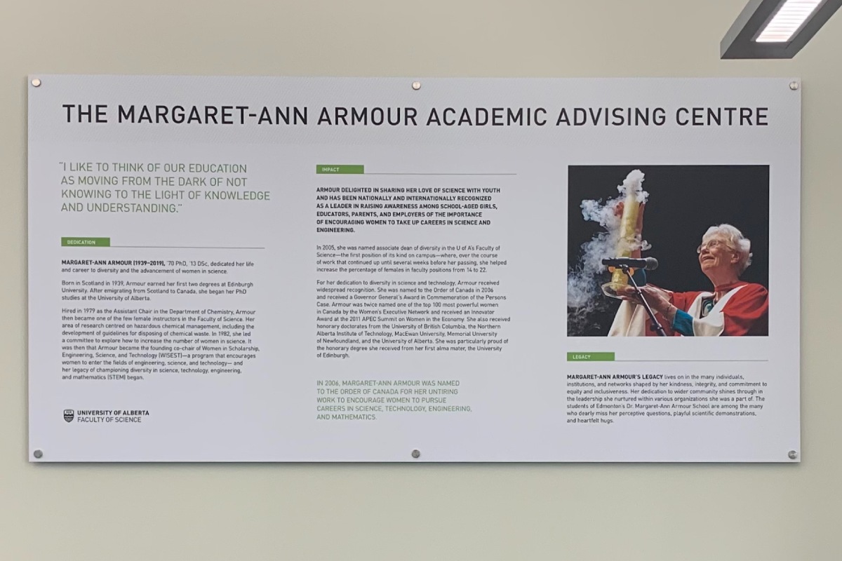 A new plaque in the Margaret-Ann Armour Student Advising Centre shares Armour's powerful legacy with visitors and the many students helped in the centre every day.