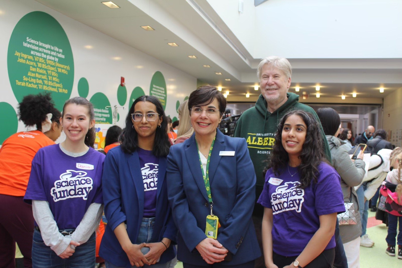 Science FUNdamentals vice-president Dania Al-Rimawi, president Bushra Anjum, and FUNday director Sonika Khurana (left to right) take a photo with Matina Kalcounis-Rueppell, dean of the College of Natural and Applied Sciences, and Frederick West, dean of the Faculty of Science.