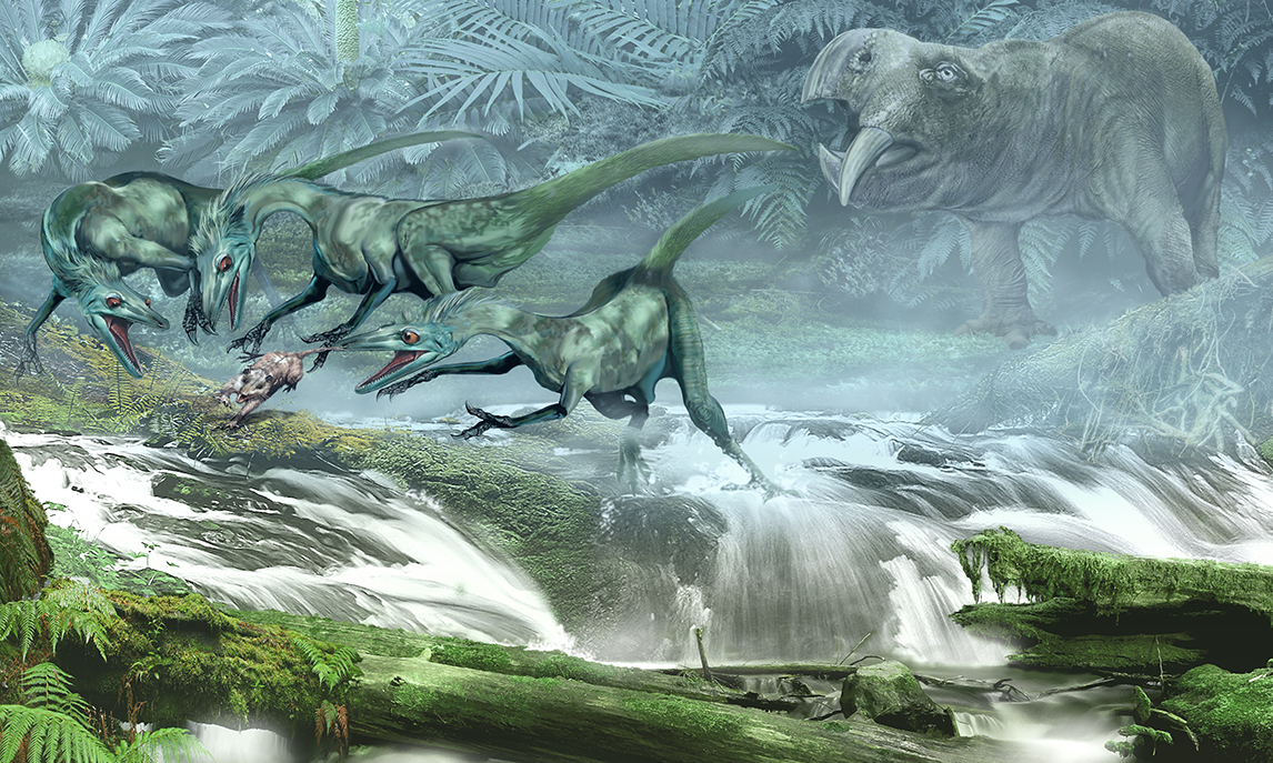 Artist rendering of three Coelophyses chasing prey on a riverbank