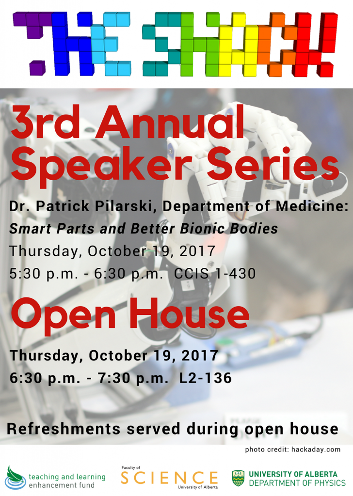Event poster for The Shack 2017 speaker series on bionic arms in medicine