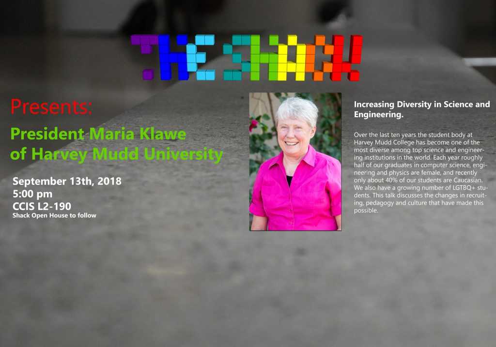 The event poster for Maria Klawe's talk on increasing diversity in science.