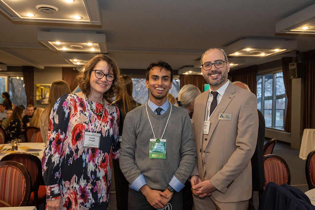 Sarah Forgie (left) Chair of the Department of Pediatrics, Hassan Roshan (centre), a recipient of the Chancellor’s Entrance Citation, and Bishoi Aziz (right), Vice-President Academic of the Graduate Students’ Association.
