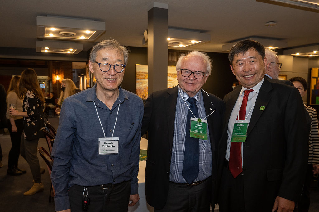 Vice Dean of Faculty of Medicine & Dentistry Dennis Kunimoto (left), Lorne Tyrrell (centre), winner of the John G. Fitzgerald Outstanding Microbiologist Award, and and Xin-Min Li, a Canadian Academy of Health Sciences Fellow (right).