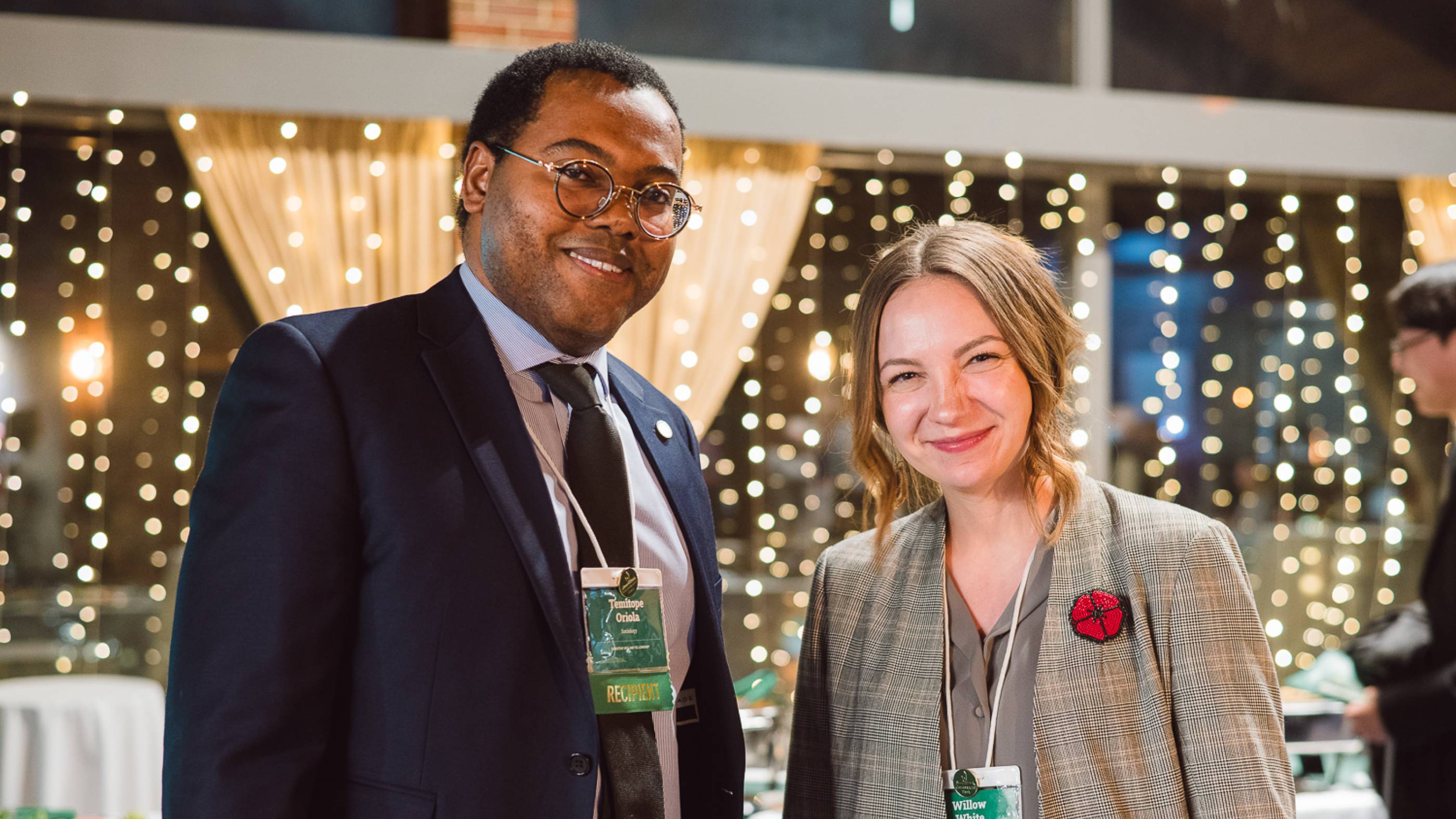  Temitope Oriola (left), a recipient of the Dorothy Killam Fellowship and Willow White (right) a winner of the Provost’s Award for Early Acheivement of Excellence in Undergraduate Teaching