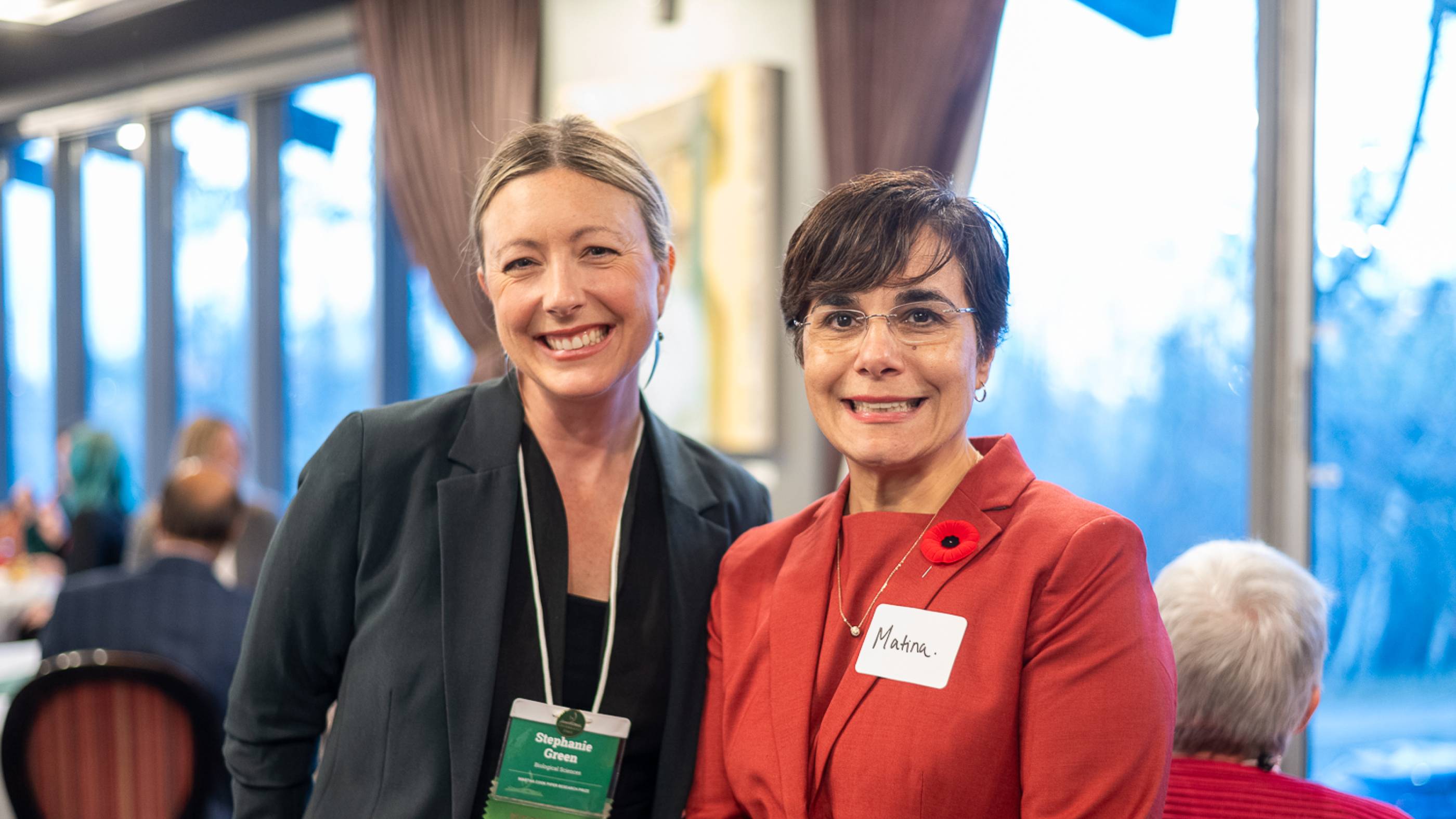 Stephanie Green (left), a recipient of the Martha Cook Piper Research Prize with Matina Kalcounis-Rueppell (right), College Dean and Vice Provost, College of Natural and Applied Sciences