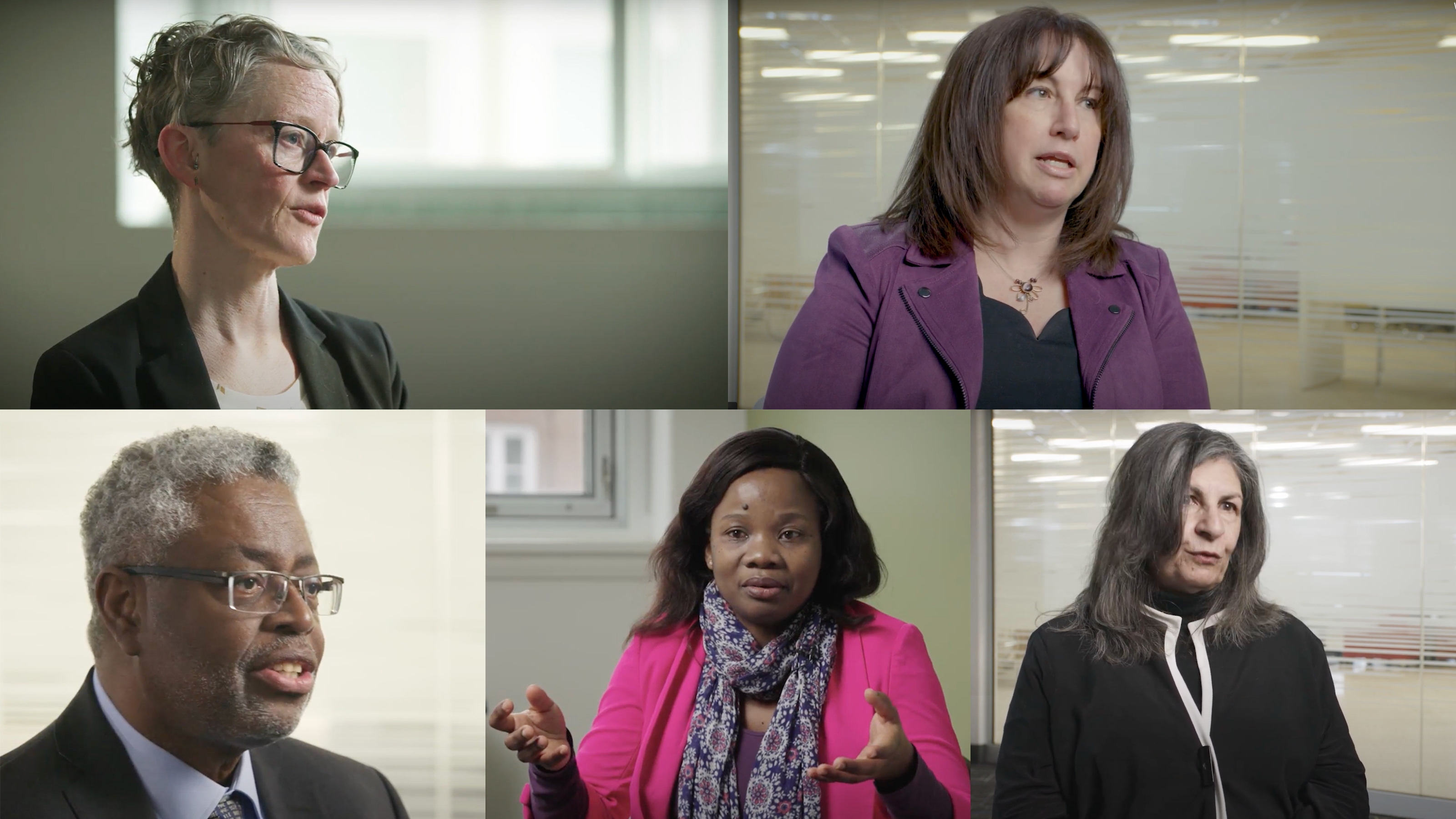 From top-left to bottom-right: Still of Carrie Smith in “What Is Equity in Research?”; still from of Yasmeen Abu-Laban in “How to Create an Inclusive Research Environment”; still of Andy Knight in “Racialization in Research”; still of Elizabeth Onyango in “Ableism in Research” ; still of Evelyn Hamdon in “EDI Training for Research”.