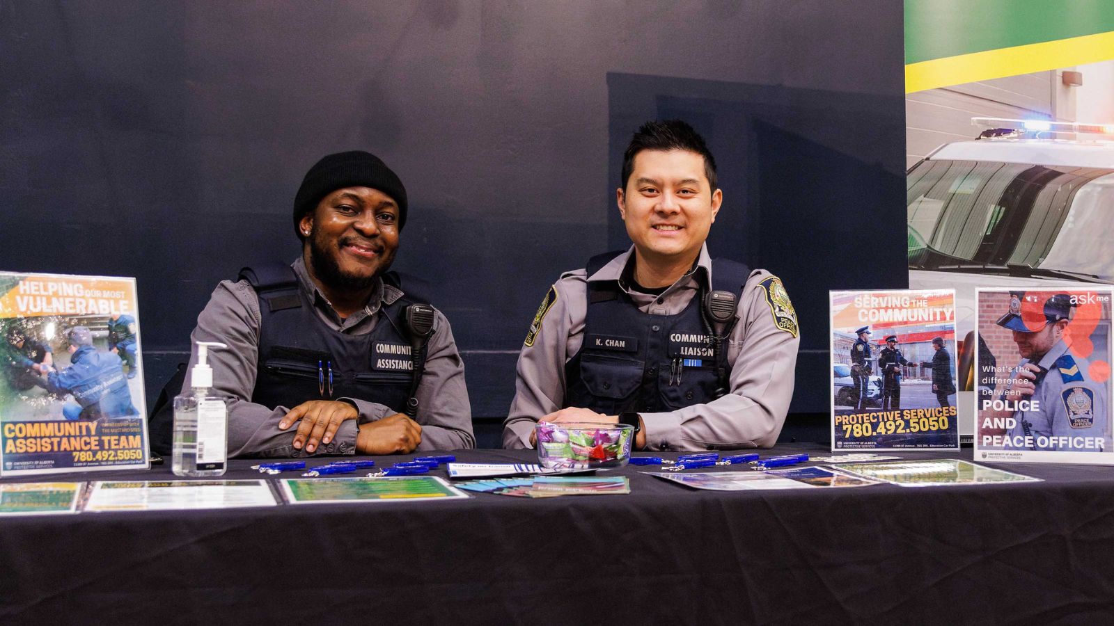Bryan Mwaka, Navigator with the Community Assistance Team, and Ken Chan, Community Liaison Officer, at the Winter Warm-Up: Winter orientation event 2024 in Dinwoodie Lounge, Students' Union Building, North Campus on January 16, 2024.