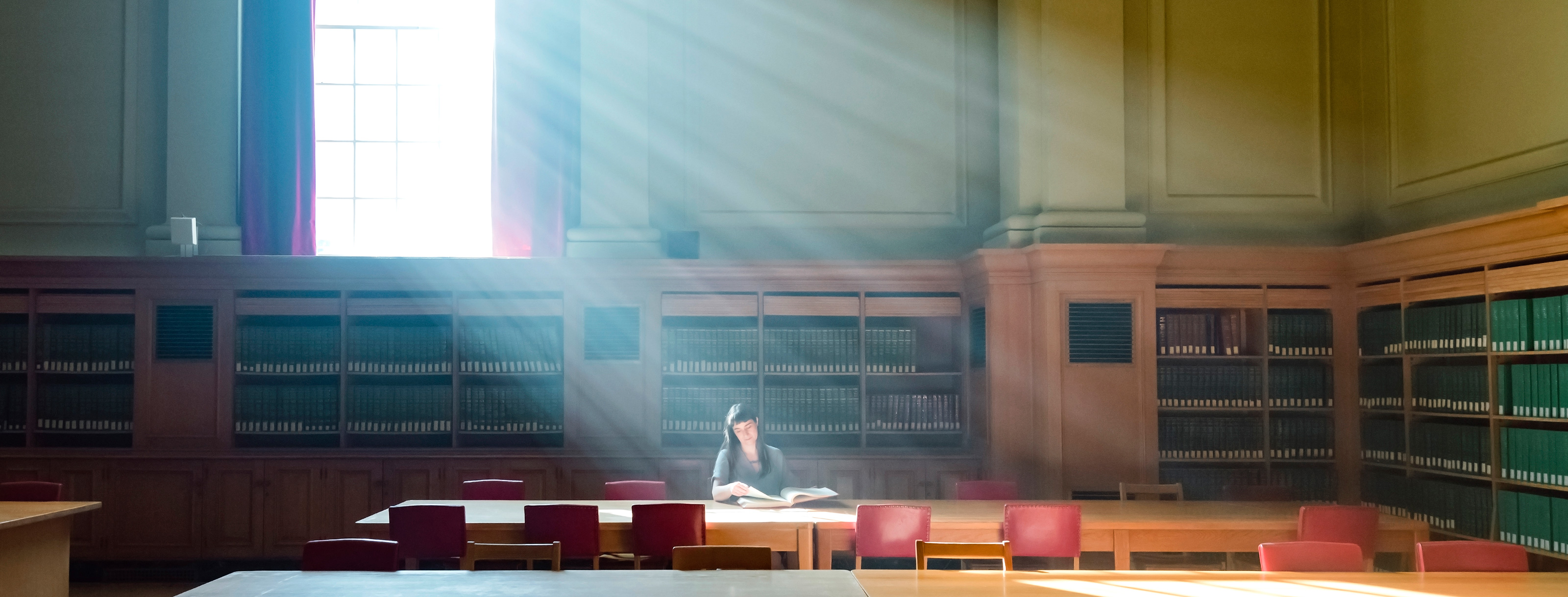 Student studying in the Rutherford Library with light beams cascading down around them