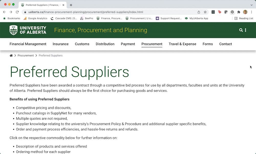 Screen recording on the procurement website