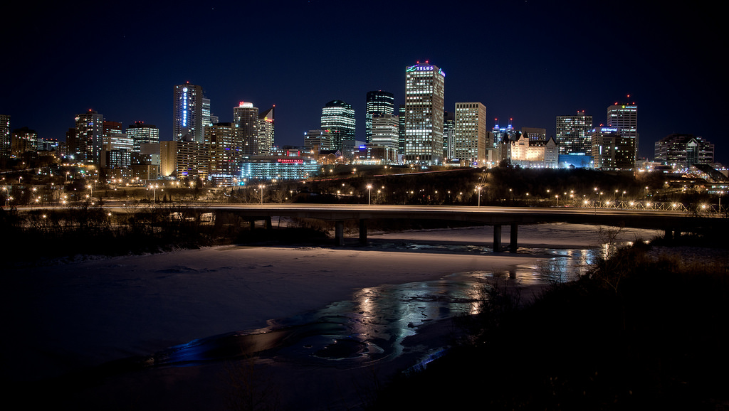 View of downtown Edmonton's skyline at night.