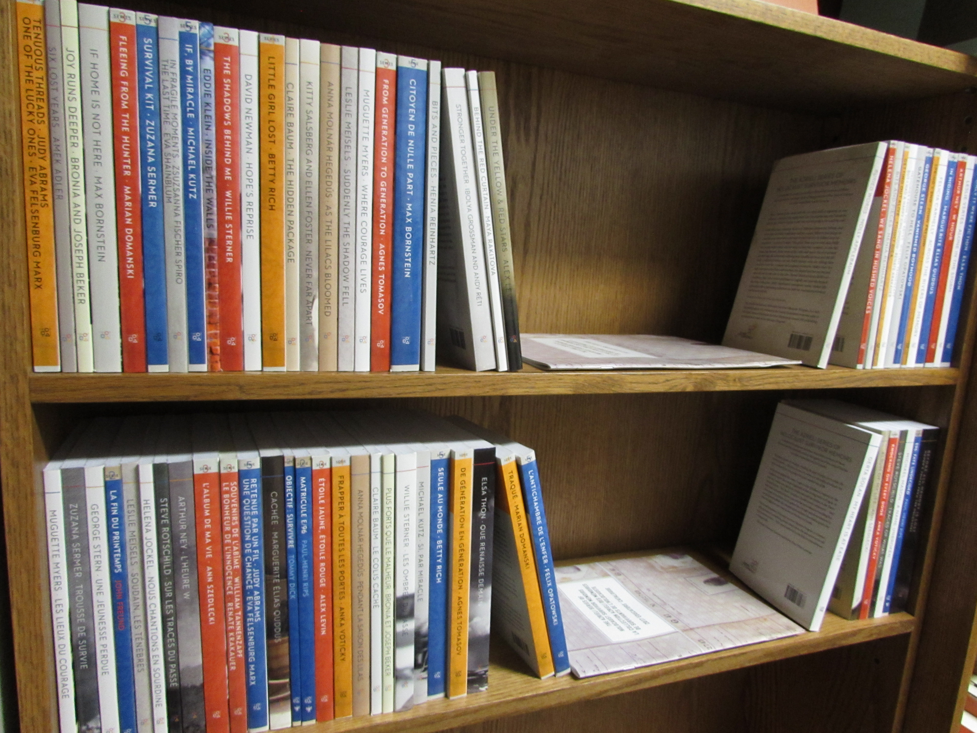 A display of books in the Rudolf Vbra Holocaust Reading Room Collection.