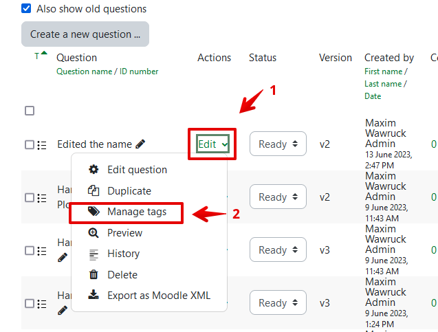 manage tags from question bank