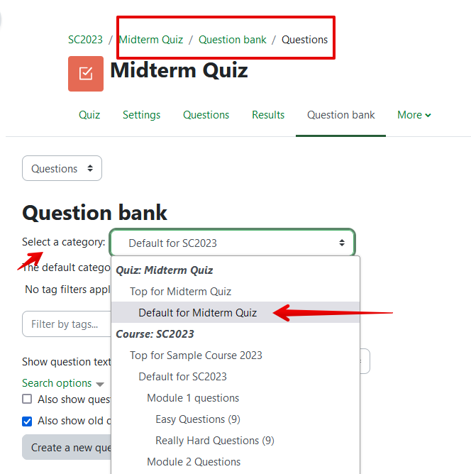 locating the quiz's own question bank category